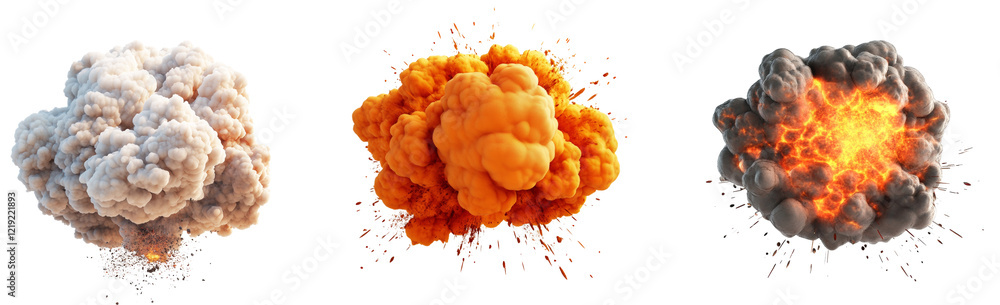 Aufkleber The image shows three digitally rendered explosions illustrating varying stages of a blast, from initial smoke to intense fire.