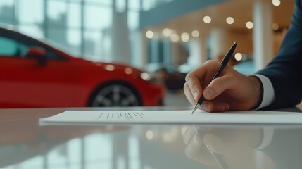 Car salesman is signing a contract in a dealership showroom, with a new red car in the background, representing the automotive industry, sales process, and purchase agreements