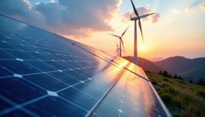 Close-up of solar panels with wind turbines in the background , renewable resource, sustainable development