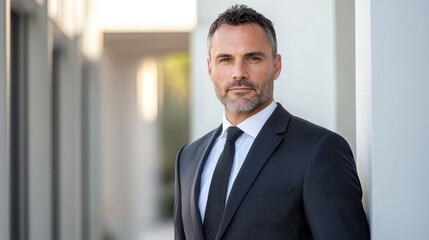 Fototapeta premium A businessman standing in front of an office building, wearing a suit and tie, looking successful and confident