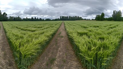 Obraz premium Serene Green Barley Field with Two Paths Under Cloudy Sky