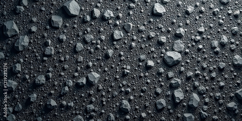 Poster A high-resolution image showcasing a dense aggregation of various-sized rocks, exhibiting a textured surface and a monochromatic color palette, ideal for background use or design elements.