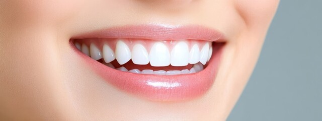 Obraz premium Close-up of a Bright, Radiant Smile Showcasing Perfectly Aligned White Teeth, Healthy Gums, and Inviting Curves of Lips Against a Smooth Background