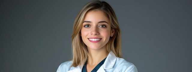 Professional Female Doctor in White Coat Smiling Confidently Against a Neutral Gray Background, Symbolizing Healthcare and Medical Expertise