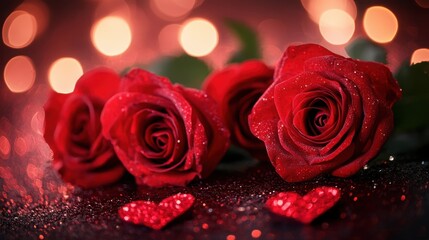 Close up of red roses, blurred lights in the background, hearts. Symbol love desire.