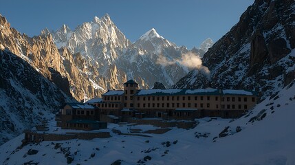Mountain lodge sunrise, snowy valley, Pakistan, winter
