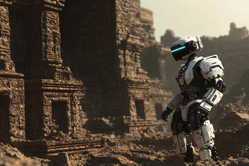 Naklejka premium Robot explores ancient ruins on a distant planet under a starry sky with multiple moons