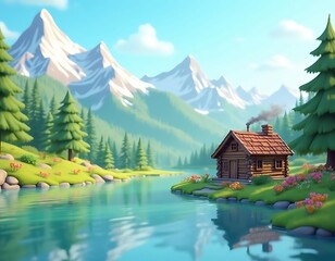 Mountain Cabin Lakeside Serenity: A Stylized 3D Landscape