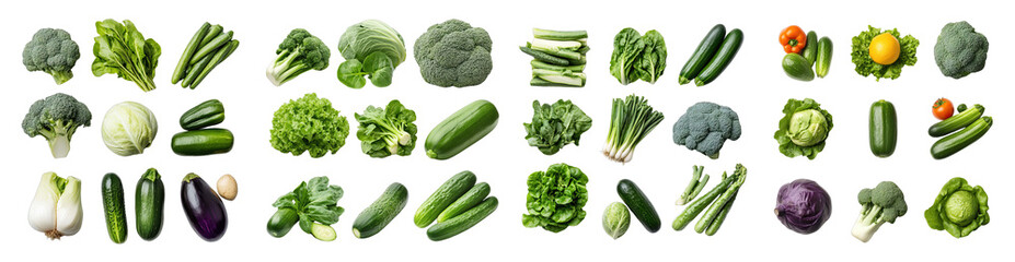 A variety of fresh vegetables, including broccoli, zucchini, cabbage, and lettuce, arranged neatly in a row, isolated on transparent or white background.
