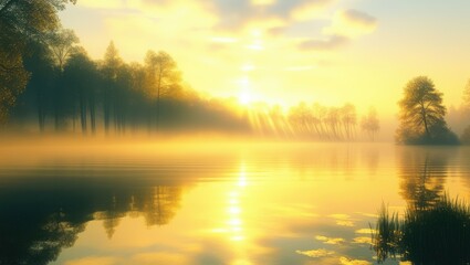 Obraz premium Serene lake reflection, golden sunrise, misty morning, silhouetted trees, ethereal landscape, atmospheric fog, calm waters, nature painting, dream-like scenery, soft light, tranquil environment, water