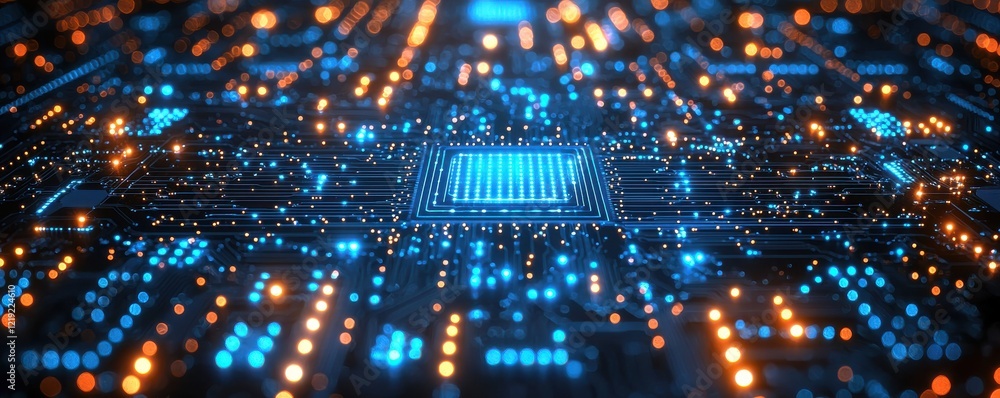 Poster futuristic glowing microchip with intricate patterns and vibrant blue circuitry