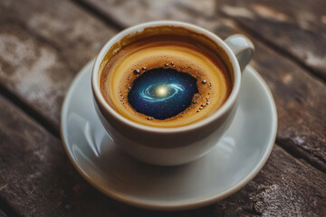 Coffee cup with swirling galaxy design creating an imaginative cosmic effect in a cozy cafe setting