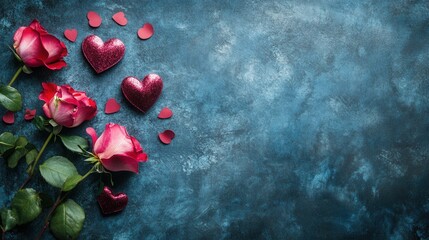 Red roses and hearts on dark background. Composition for valentine's woman's mother's day, wedding. Greeting card