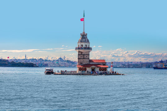 Istanbul Maiden Tower (kız kulesi) at bright blue sky - Istanbul, Turkey