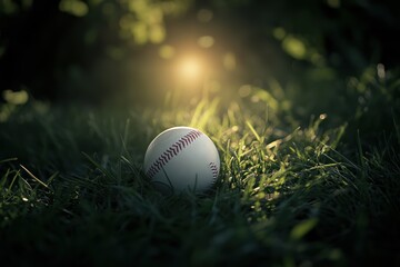 Baseball in grass, sunset glow, park, game, nostalgic sports photo