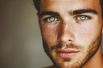 Fototapeta premium Close-up portrait highlighting the intense gaze and striking green eyes of a handsome man 