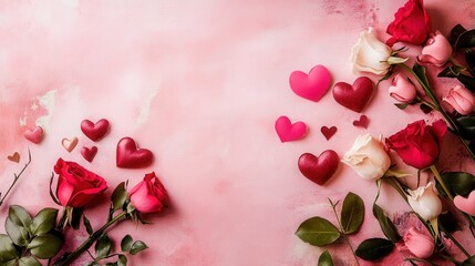 Roses and hearts on pink background. Composition for valentine's woman's mother's day, wedding. Greeting card