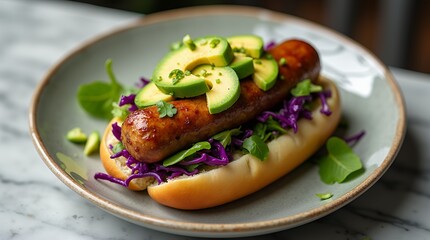 hot dog with mustard and avocado