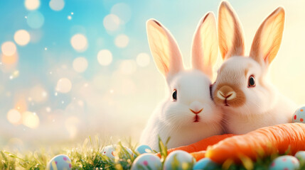 Cute Easter Bunnies with Colorful Eggs and a Carrot on a Sunny Spring Day