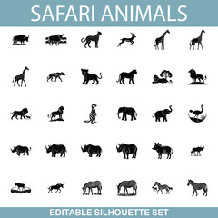 Naklejka premium Safari Animals Editable Silhouette Set of African Wildlife