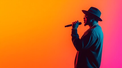Young man wearing hat and sunglasses holding microphone and singing on a colorful orange and pink background, creating a vibrant and energetic atmosphere