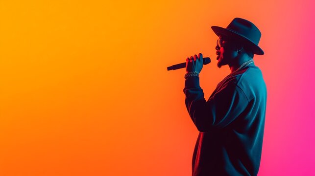 Young man wearing hat and sunglasses holding microphone and singing on a colorful orange and pink background, creating a vibrant and energetic atmosphere