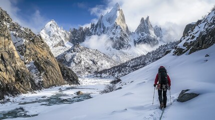 lone hiker's winter trek amidst the majestic snow-capped Andes, a breathtaking panorama of nature's raw beauty.