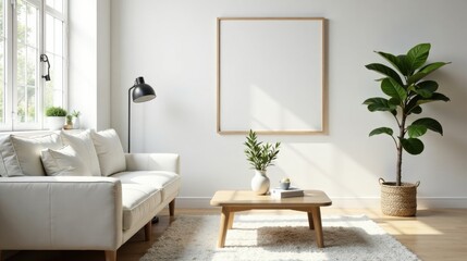 Relaxing Minimalist Living Room Interior Design with Natural Light and a Blank Canvas for Artwork