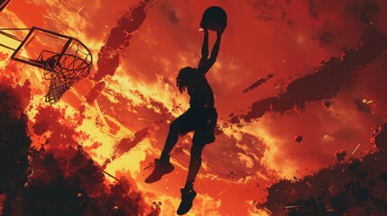 Fiery Sunset Basketball Dunk: Silhouette of a Player Against a Dramatic Sky