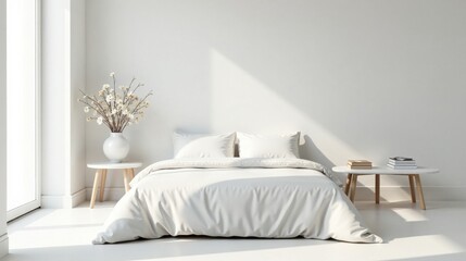 Serene Minimalist Bedroom Design Featuring a Plush White Bed and Simple Side Tables