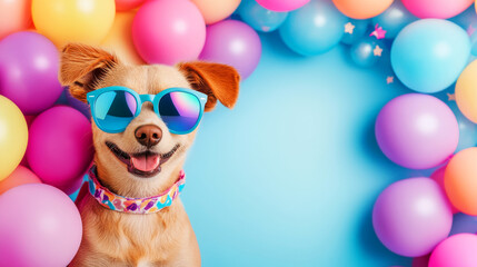 Happy Dog Wearing Sunglasses Surrounded by Colorful Balloons for Celebration Background
