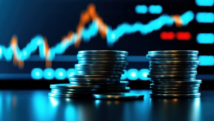 Financial growth, stacked coins, stock market chart, blue and orange glow, data visualization, economic trends, investment concept, dark background, financial analysis, trading graph, metallic currenc