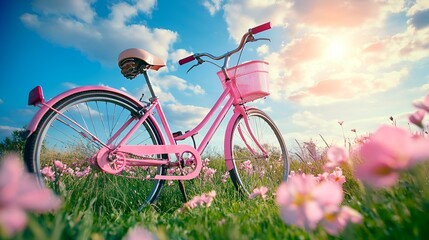 Naklejka premium Pink bicycle in field, sunset sky, floral background