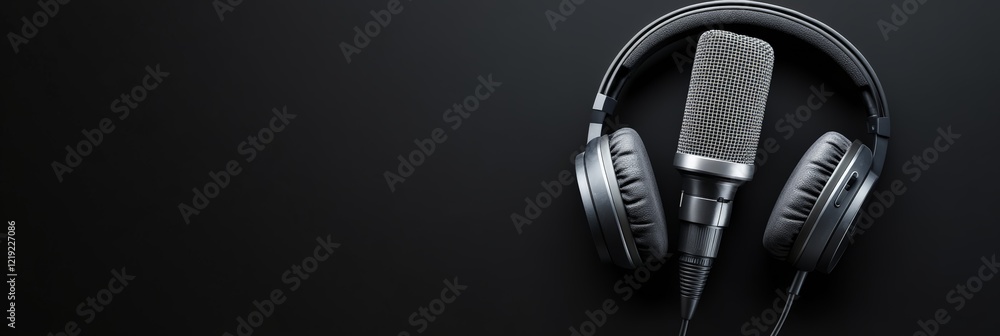 Poster professional headphones and microphone are lying on a black background, ready for a recording sessio