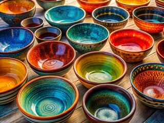 Panoramic View of Handmade Ceramic Bowls on Lightbox, Artisan Pottery, Studio Photography