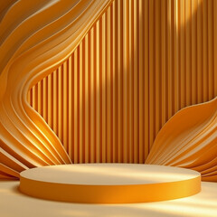 Golden podium for product presentation with flowing fabric and textured decor 