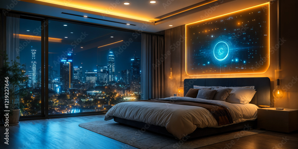 Poster ai-driven home automation system in modern bedroom with smart technology integration