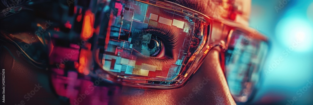 Poster Close-Up of Futuristic Eyewear with Colorful Patterns and a Glowing Effect