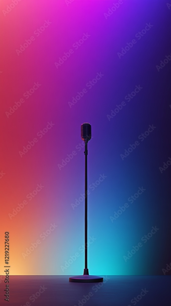 Poster microphone positioned on stage against a vibrant gradient background, awaiting the arrival of a sing