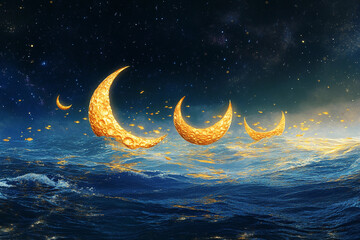 Fototapeta premium Floating golden moons illuminate the serene underwater landscape during twilight hours