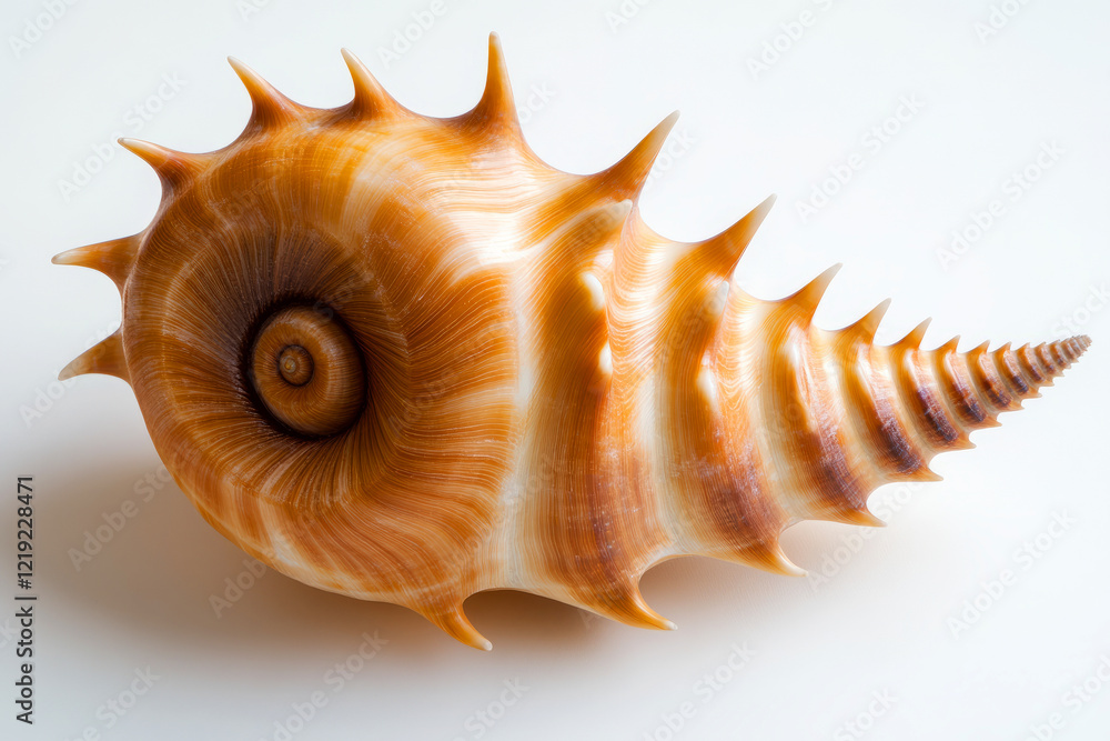 Poster beautiful sea shell with spiraled structure and unique texture on light background