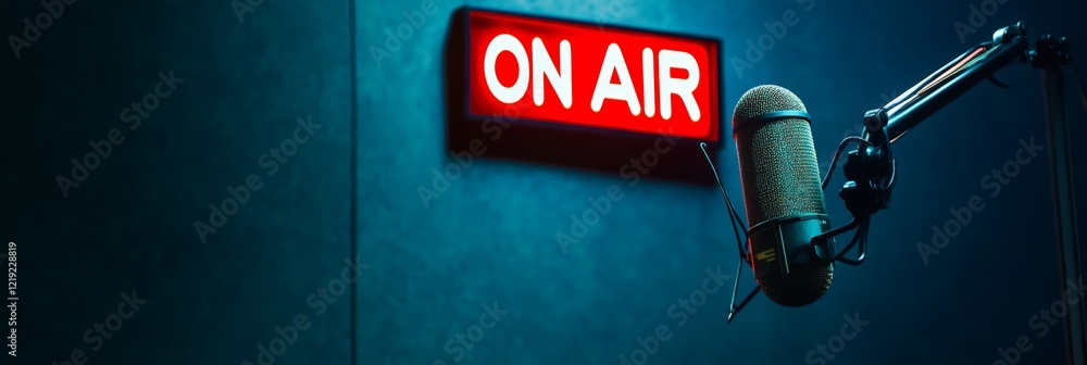 Aufkleber Professional microphone recording audio in a radio studio with the on air sign illuminated, creating a vibrant atmosphere for broadcasting and capturing high quality sound