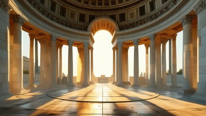 Fototapeta premium Ancient Roman architecture, grand circular structure, marble columns, domed ceiling, sunlight streaming through, ornate interior, reflective tiled floor, golden hour lighting, atmospheric, majestic, s