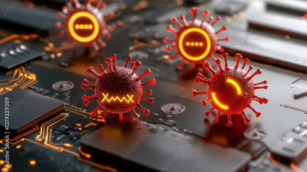 Poster red virus threatens computer security, a closeup view of digital vulnerability and cybersecurity ris