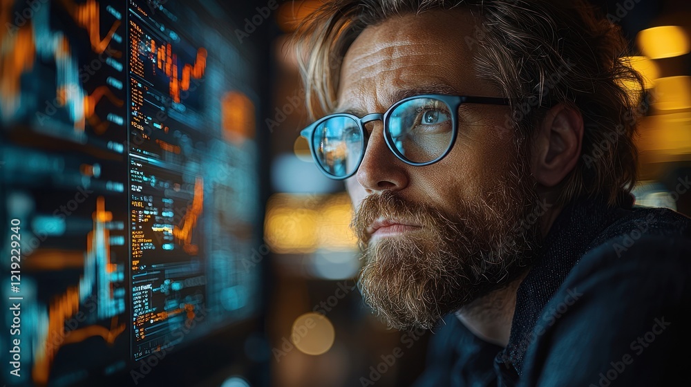 Poster focused programmer analyzing data on a large screen