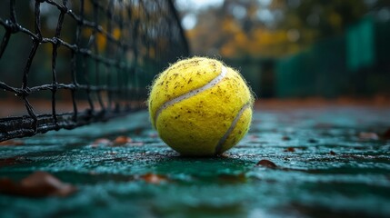 Wet tennis ball on court near net, autumn leaves.