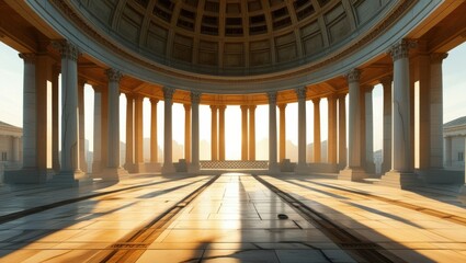 Obraz premium Ancient Roman architecture, grand circular structure, marble columns, domed ceiling, sunlight streaming through, ornate interior, reflective tiled floor, golden hour lighting, atmospheric, majestic, s