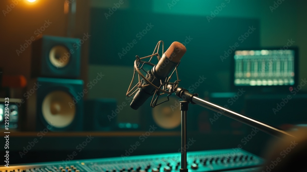 Aufkleber Condenser microphone is ready for recording vocals or instruments in a professional music studio with mixing console, speakers and computer displaying audio tracks in background