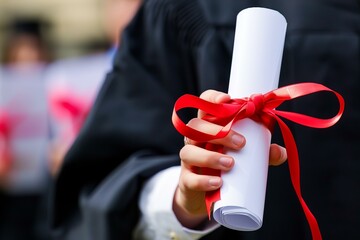Graduate student proudly displaying diploma with red ribbon at graduation ceremony