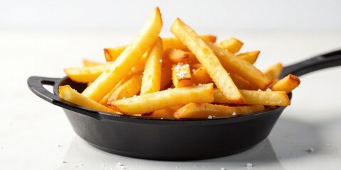 A cast iron skillet brimming with golden-brown, crispy french fries, delicately seasoned with a light sprinkling of salt.